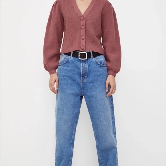 Zara Dark Rose Pink Mauve Knit Puff Shoulder Sleeves Button Up V Neck Cardigan L - Picture 2 of 7